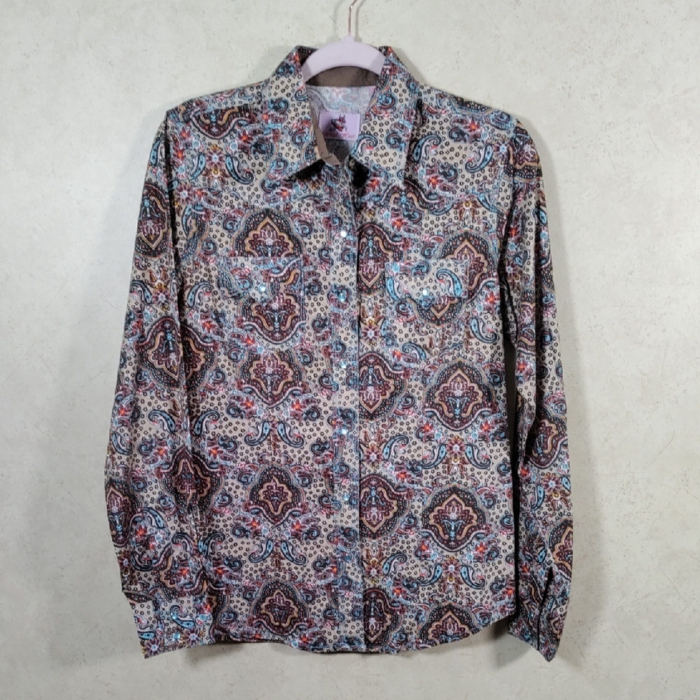 05092 Wired Heart brown & blue paisley Western snap shirt M NWT